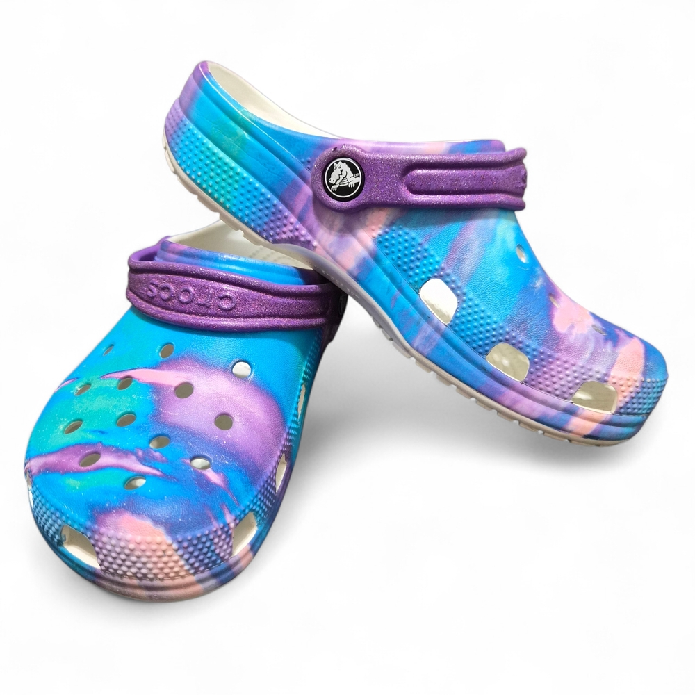 CROCS Classic Tie Dye Clogs Shoes Junior 3 Blue Purple Baya Waterproof Logo